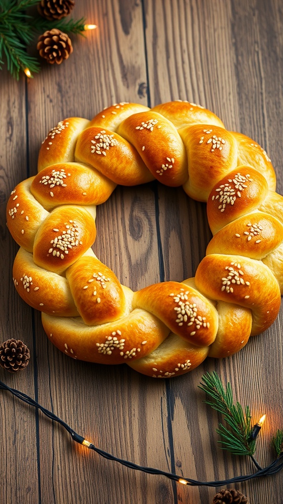 A beautiful plaited bread wreath on a wooden table, garnished with sesame seeds, with a soft interior visible.